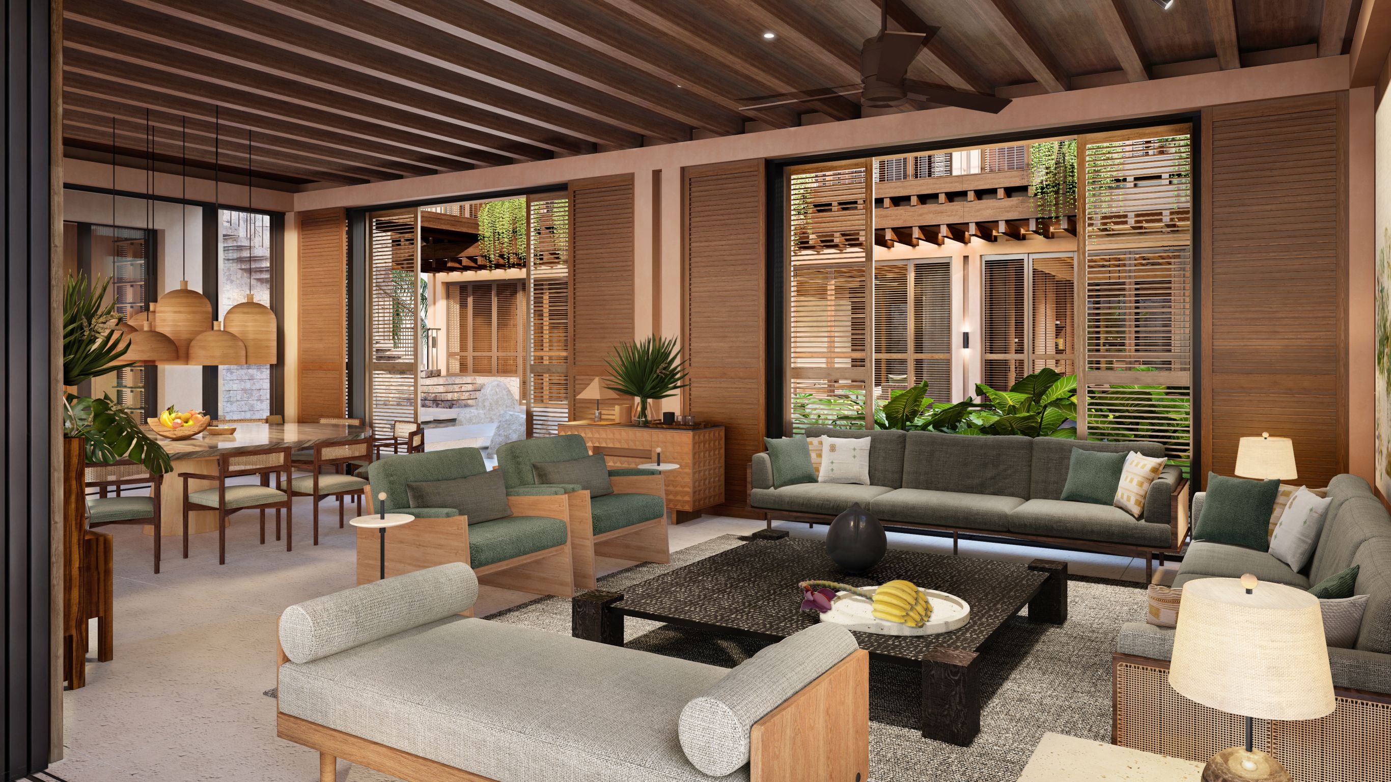 Beachfront Villa_Rendering_Living and dinidng room with couches, chairs, dining set and hanging lamps